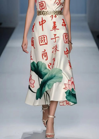 Silm Fit White Cinched Print Silk Long Dress Sleeveless