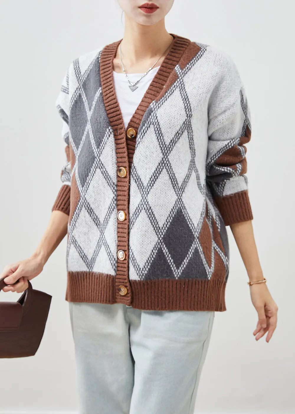 Khaki Oversized Plaid Knit Jacket Fall