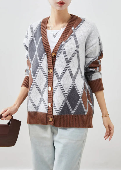 Khaki Oversized Plaid Knit Jacket Fall
