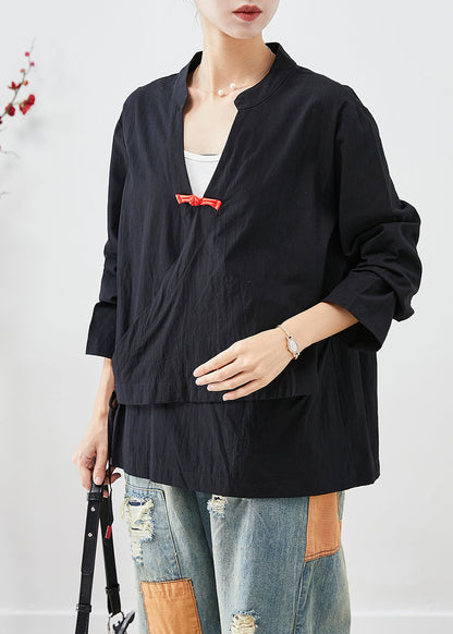 Black Lace Up Chinese Button Cotton Blouse Top Fall
