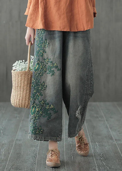 Blue Embroideried Cotton Ripped Jeans Pants Fall