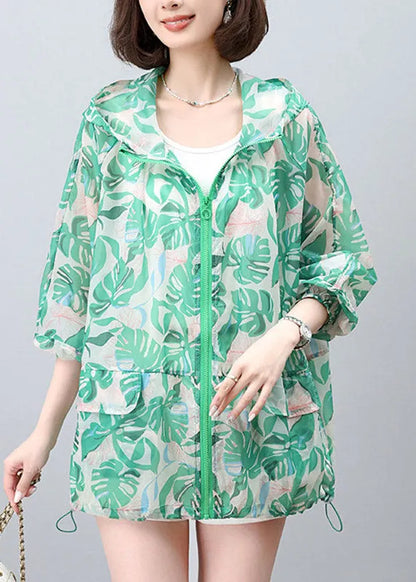 New Green Print Hooded Upf 50+ Coat Jacket Spring