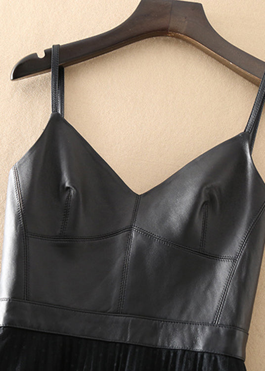 Black V Neck Sheepskin Patchwork Tulle Dress Sleeveless Summer