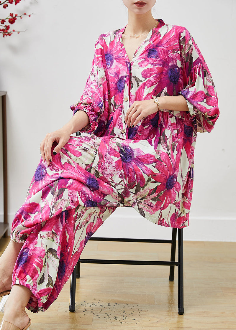 Purple V Neck Print Cotton Two Pieces Set Summer
