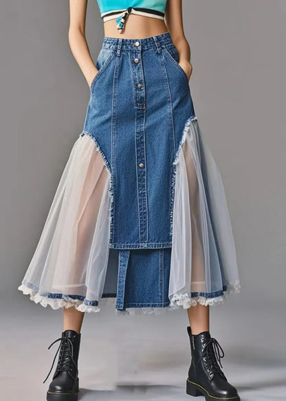 Art Blue Silm Fit Patchwork Tulle Denim a Line Skirt Spring