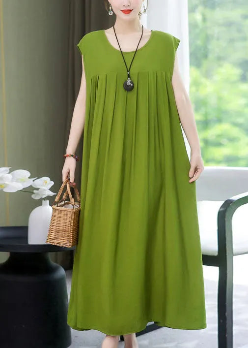 Green O Neck Wrinkled Patchwork Cotton Dress Summer