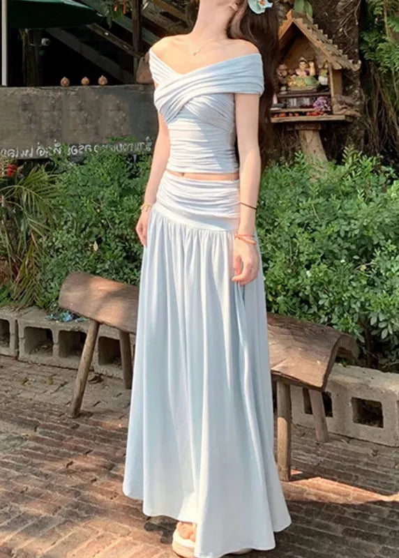 Art Beige Wrinkled Tops and Skirts Cotton Two Pieces Set Summer