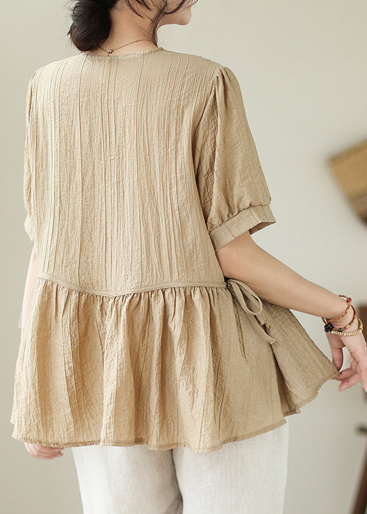 Khaki O-neck Patchwork Wrinkled Cotton Shirt Summer