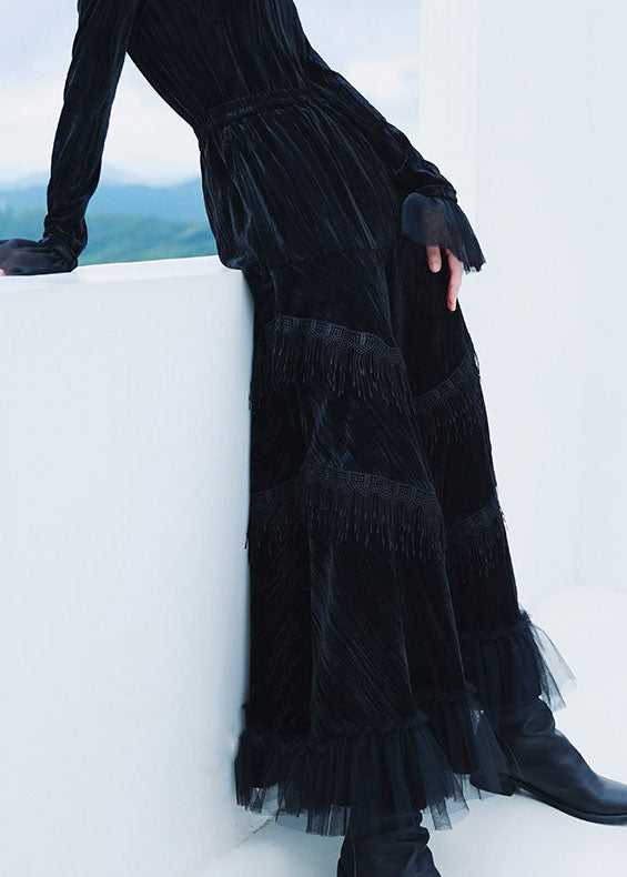 Black Patchwork Tulle Tasseled Velour Skirts Spring