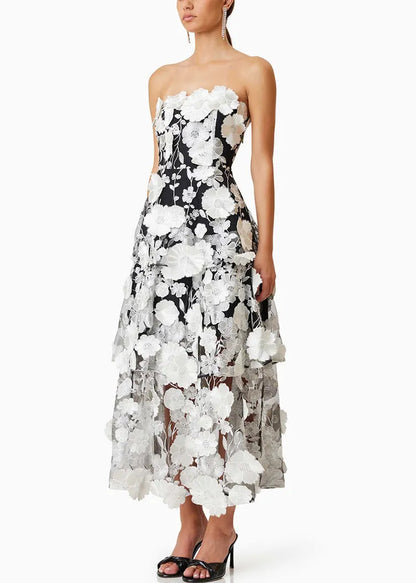 Handmade Black Strapless Embroidered Long Dress Sleeveless