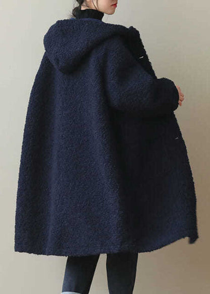 Coffee Button Pockets Warm Faux Fur Hooded Coat Long Sleeve Winter