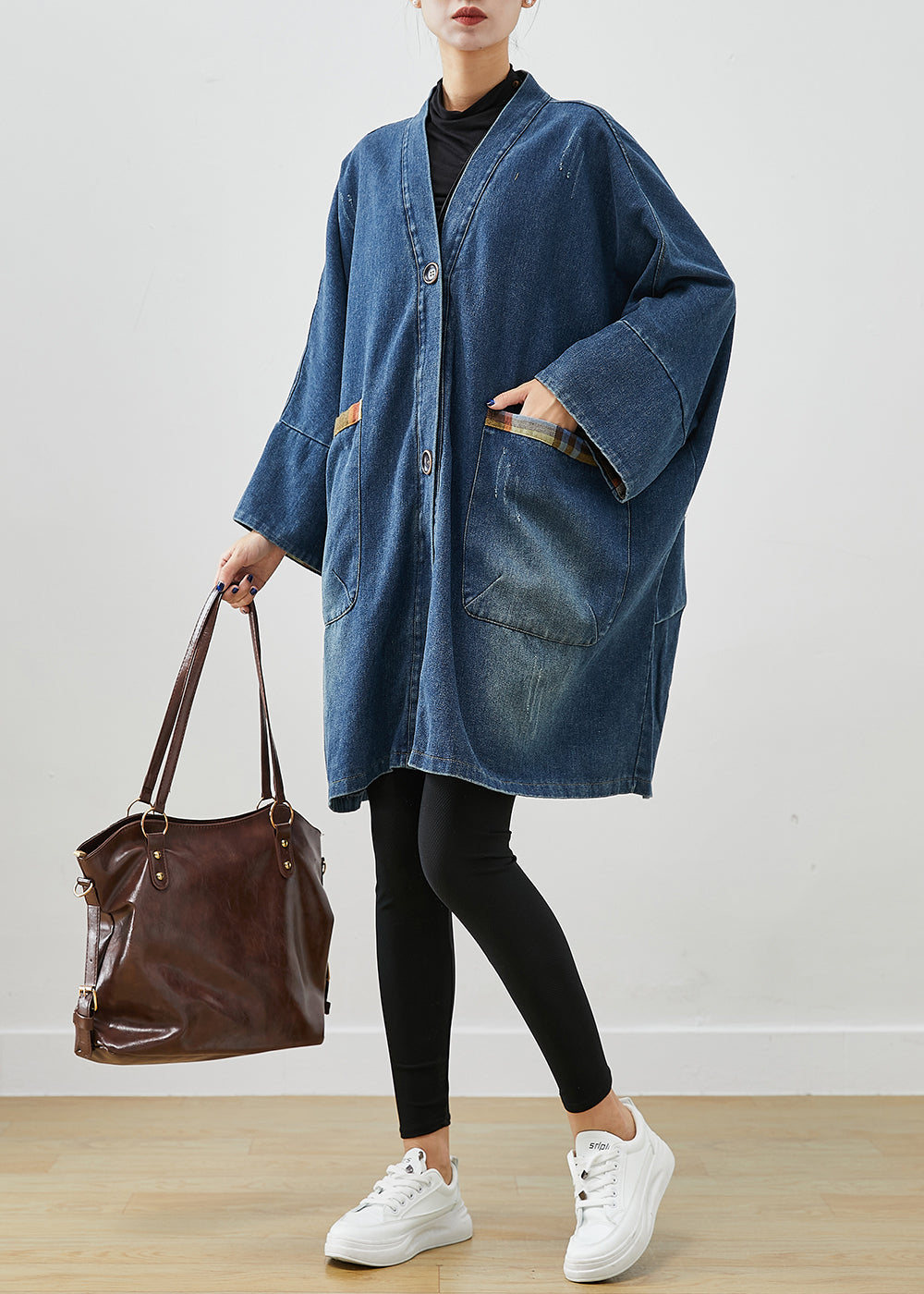 Blue Oversized Patchwork Denim Coats Fall