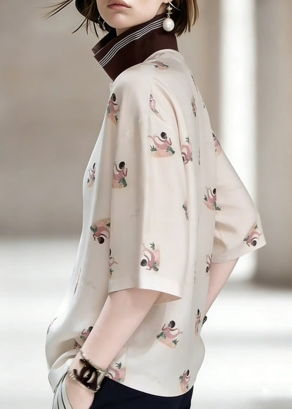 Peter Pan Collar Print Patchwork Silk Shirts Half Sleeve
