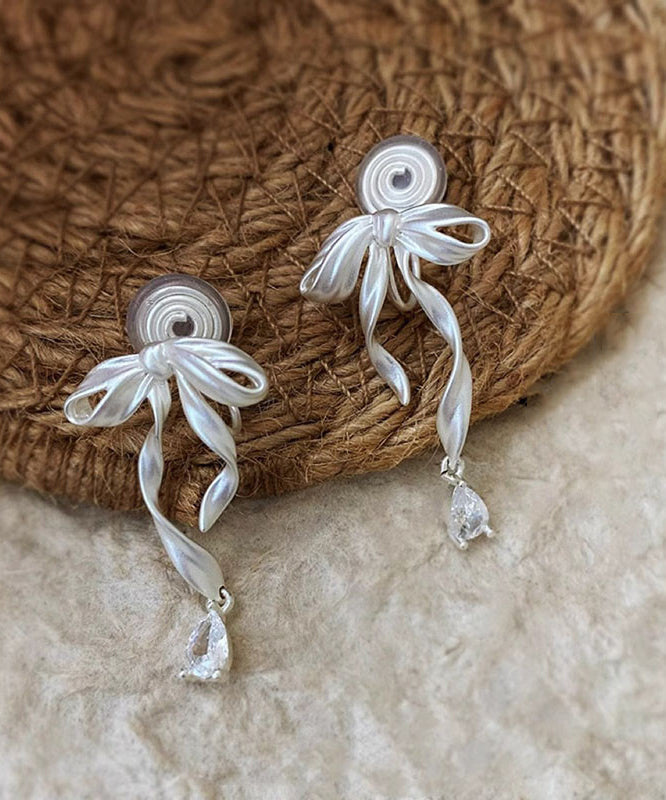 White Copper Alloy Butterfly Silk Ribbon Drop Earrings