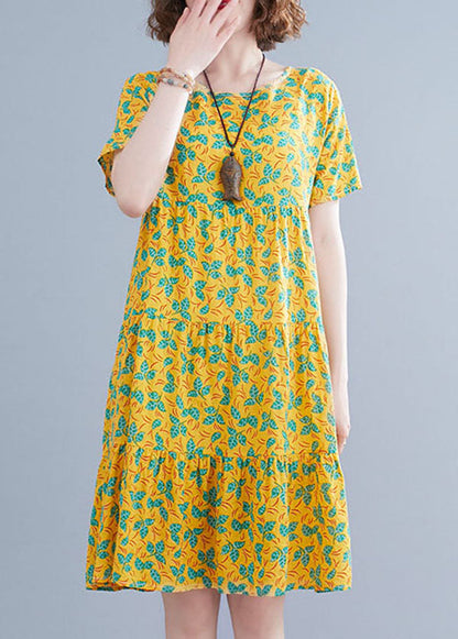 Yellow Print Patchwork Cotton Long Dresses O-neck Wrinkled Short Sleeve
