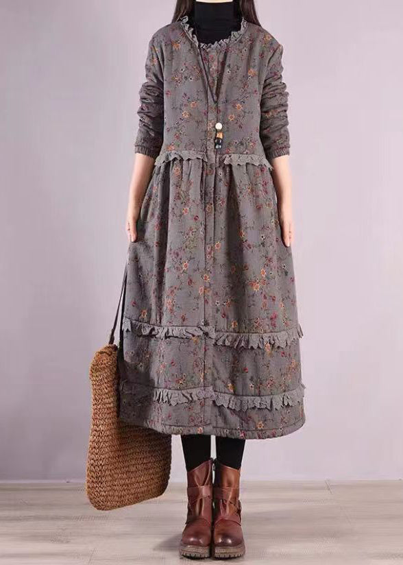 Blue Ruffled Print Patchwork Cotton Dresses Fall
