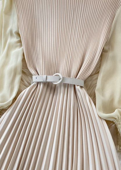 Apricot O-neck Chiffon Sashes Long Pleated Dress Long Sleeve