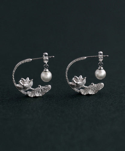 Silk Sterling Silver Pearl Lotus Hoop Earrings
