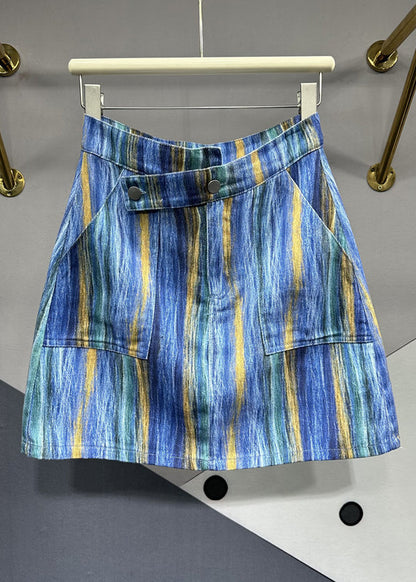 Blue Striped Asymmetrical Pockets Patchwork Denim Skirts Summer