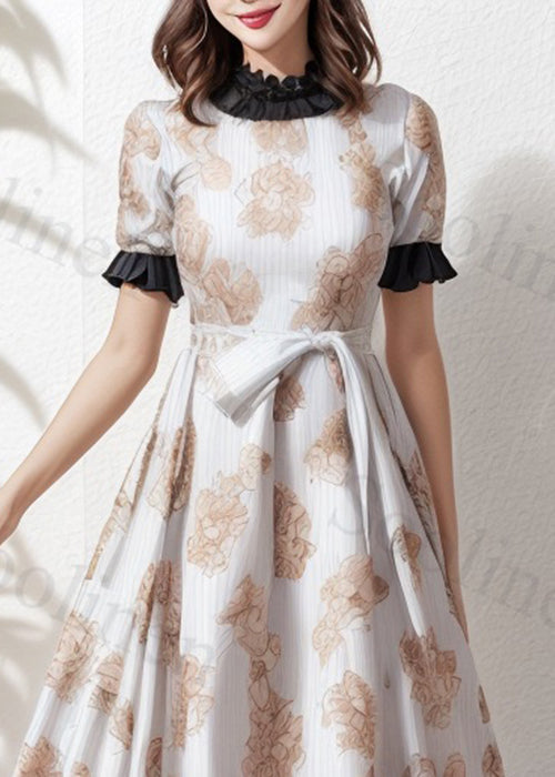 White Ruffled Print Tie Waist Silk Dress Summer