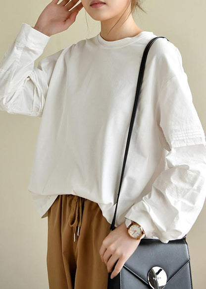 Patchworkwhite Long Sleeve Tops Cotton
