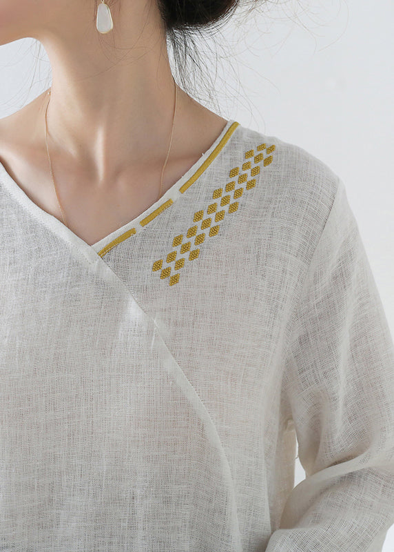 French White V Neck Embroideried Linen Shirt Tops Three Quarter Sleeve