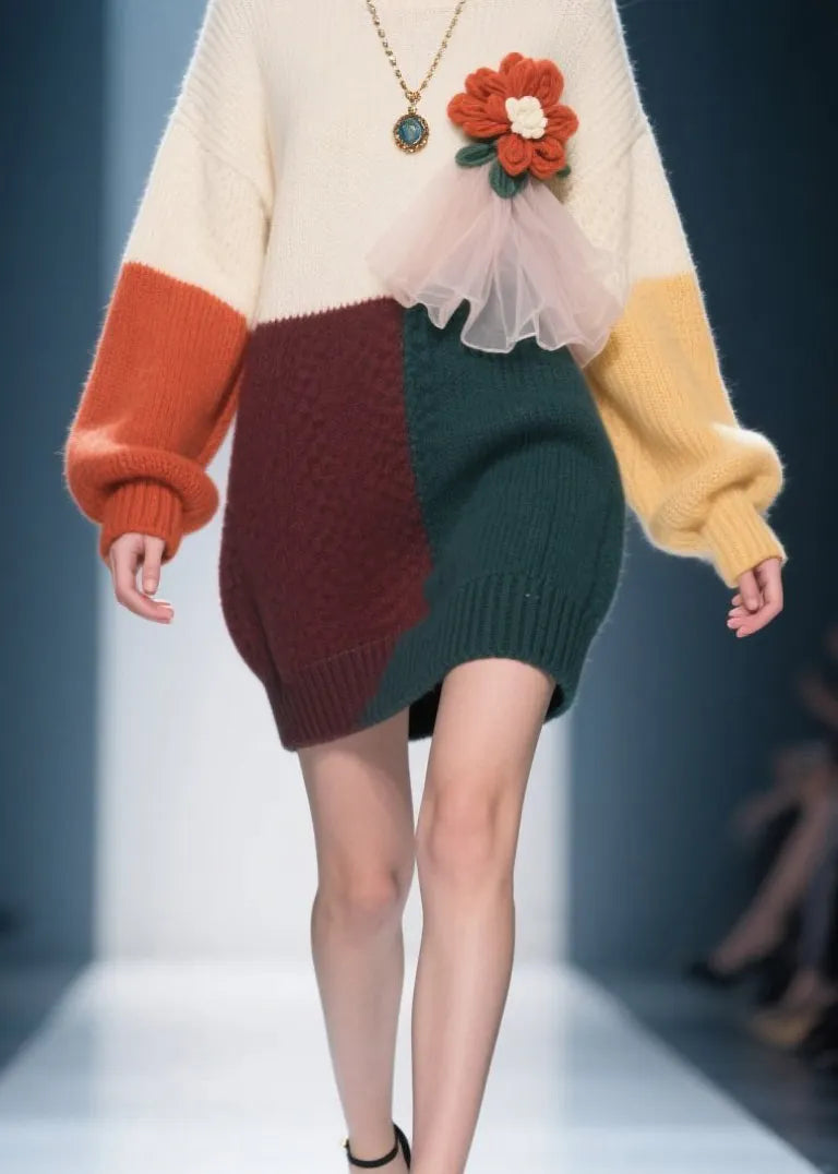Natural Colorblock O Neck Knit Sweater Dress Winter