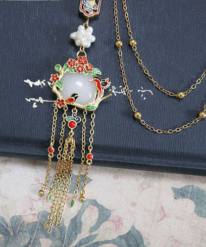 Retro Gold Overgild Pearl Jade Little Bird Tassel Brooch