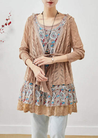 Khaki Hooded Patchwork Wrinkled Cotton Fake Two Piece Mini Dress Fall