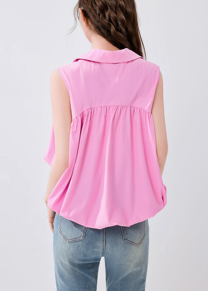 French Pink Peter Pan Collar Cotton Shirt Sleeveless