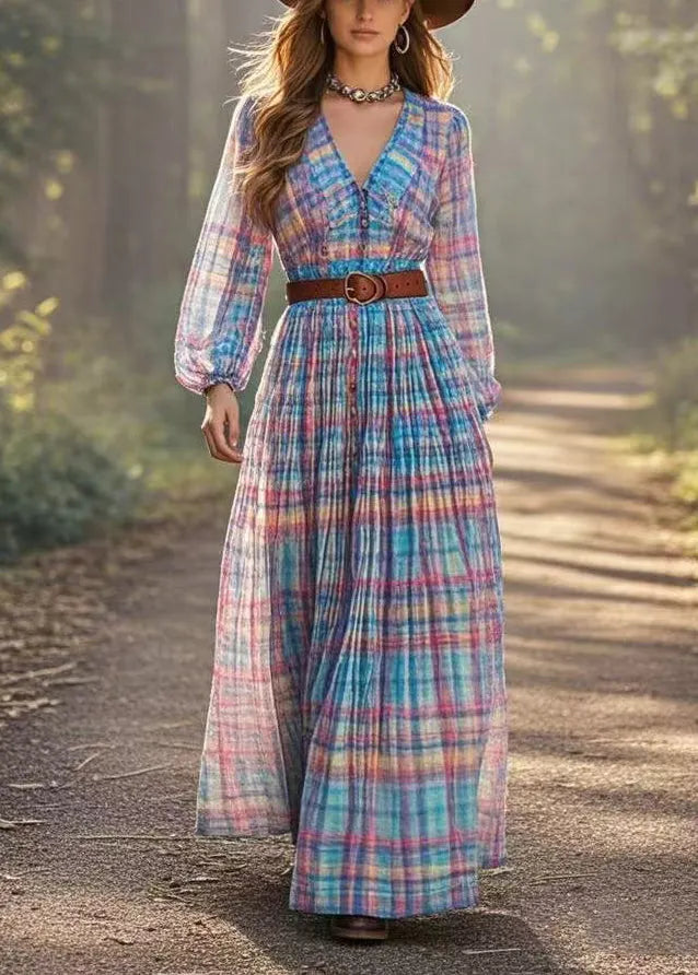 Rainbow Cinched Plaid Cotton Dresses Spring