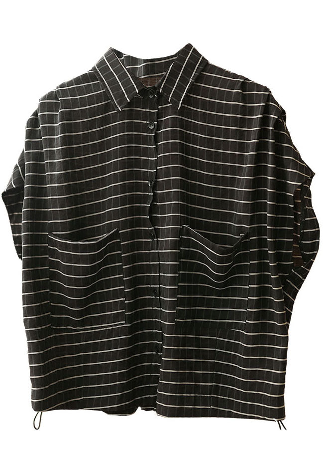 Black Peter Pan Collar Striped Pockets Drawstring Blouse Top Short Sleeve