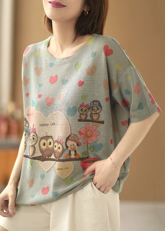 Boutique Light Blue O-neck Animal Print Draping Linen Knit Tank Tops Short Sleeve