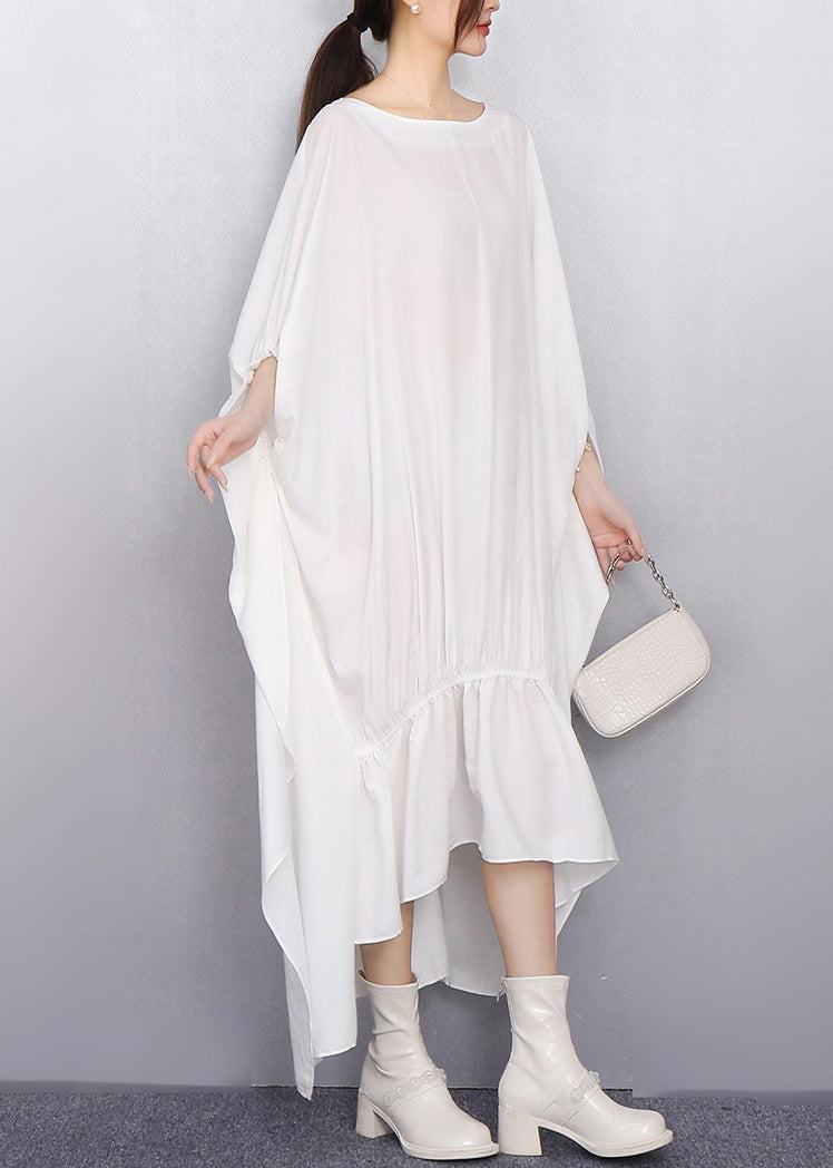 White Oversized Low High Design Cotton Dress Batwing Sleeve