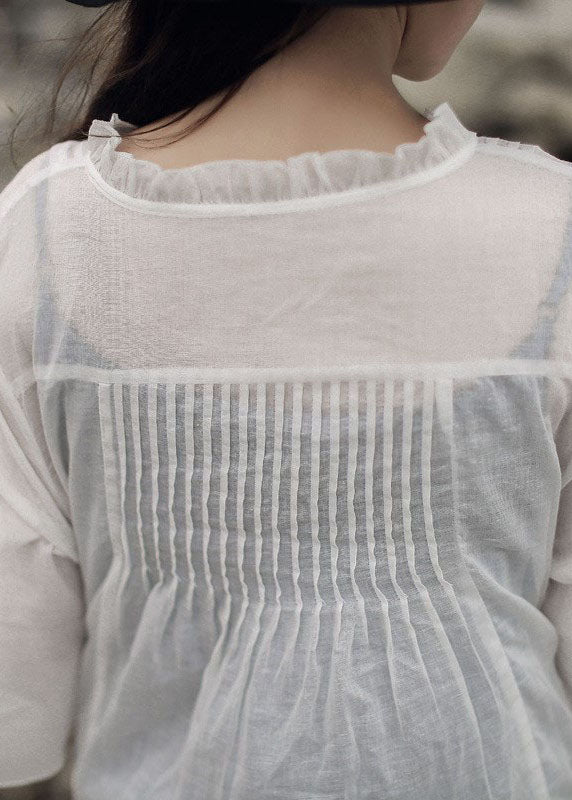 Art White Ruffled Cotton Shirt Tops Three Quarter Sleeve