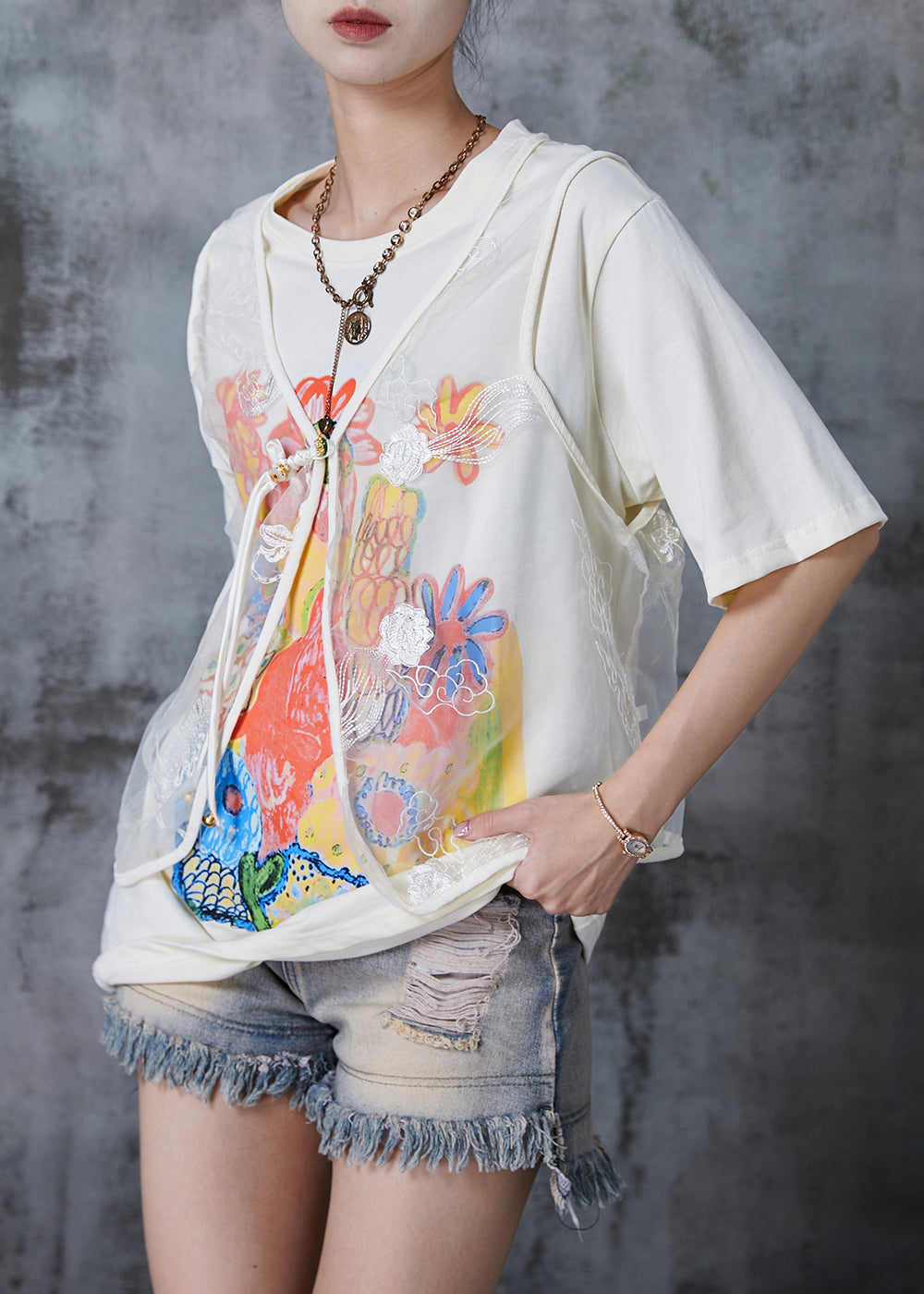White Print Cotton Tanks and Vests Two Pieces Set Embroidered Summer
