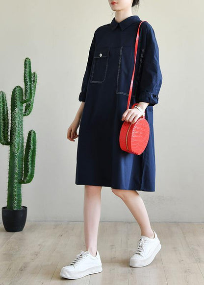 Navy Long Sleeve Peter Pan Collar Cotton Spring Dresses