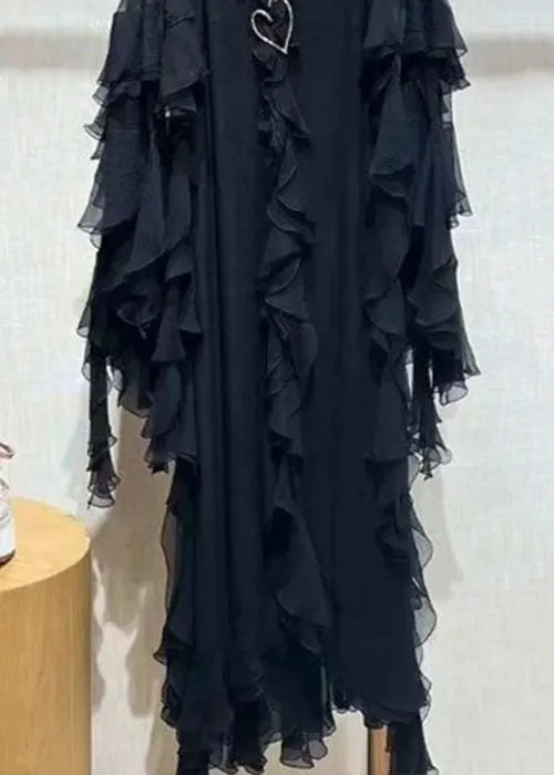 Italian Black V Neck Ruffled Two Piece Set Summer