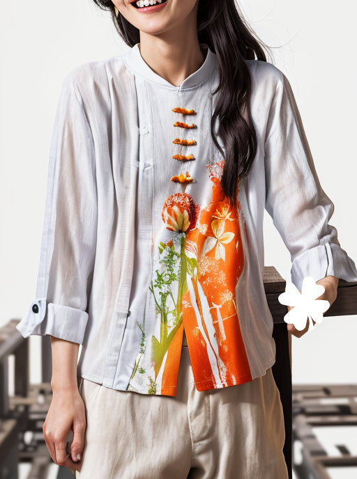 Beige Stand Collar Button Print Cotton Shirts Fall