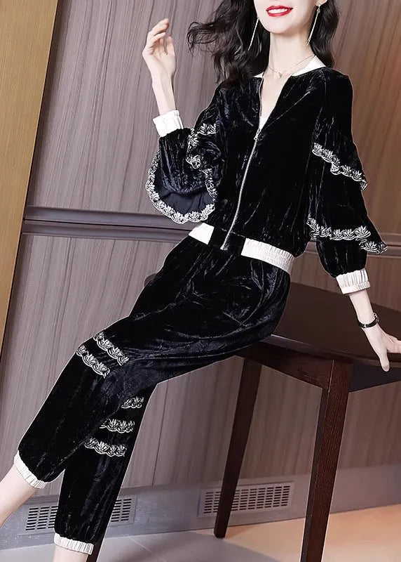 New Black Zippered Ruffled Velourtwo Pieces Set Spring