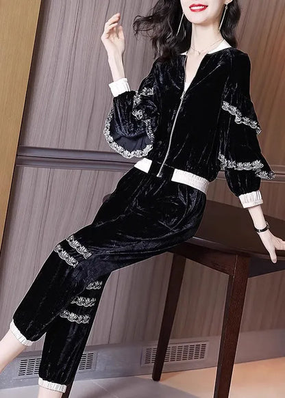 New Black Zippered Ruffled Velourtwo Pieces Set Spring