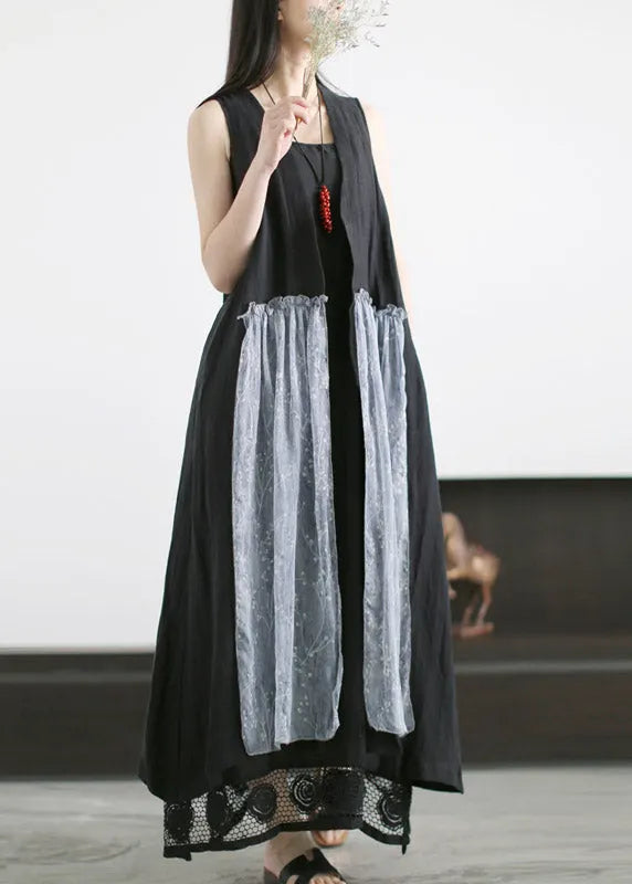 Black Print Silk Patchwork Linen Waistcoat and Spaghetti Strap Dress Two Piece Set Summer