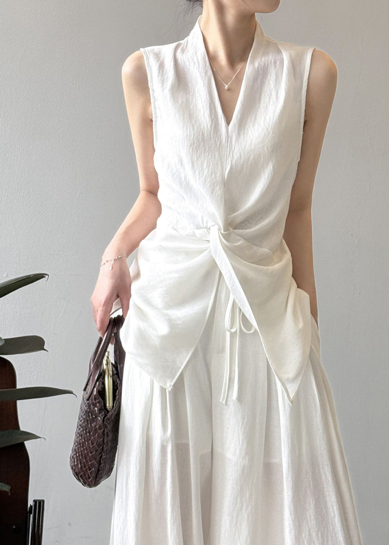 White Asymmetrical Silm Fit Linen Two Pieces Set Sleeveless