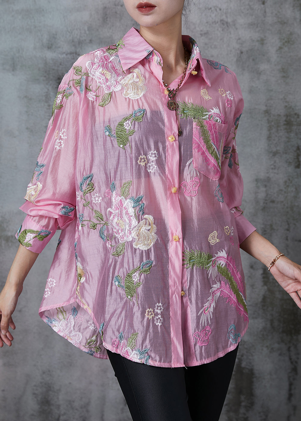 Style Pink Embroidered Linen Silk Upf 50+ Top Summer
