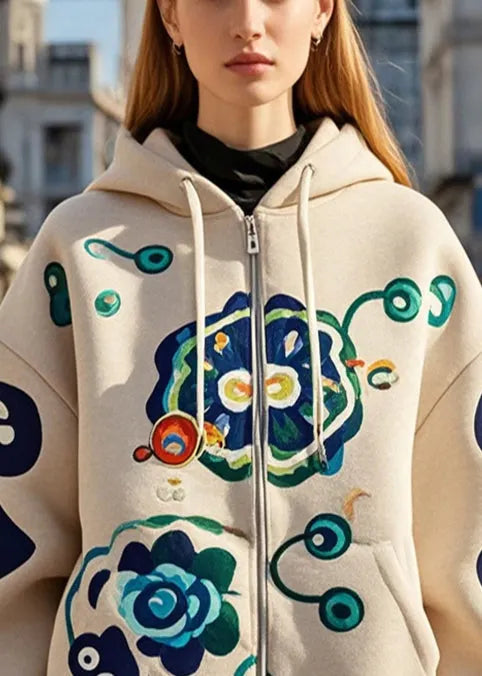 Khaki Print Drawstring Cotton Hooded Coat Fall