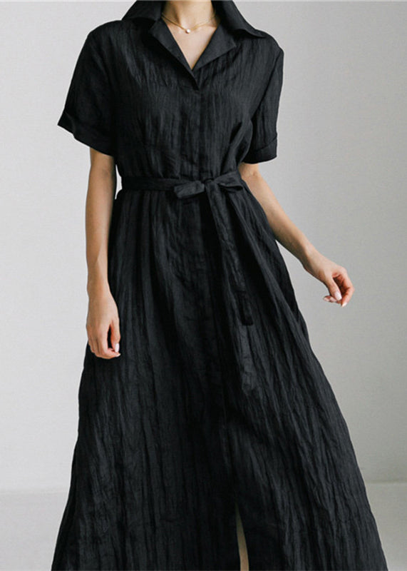 Diy Black Peter Pan Collar Button Tie Waist Shirts Dress Short Sleeve