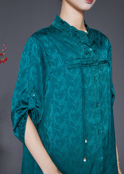 Green Ruffled Tasseled Silk Sets 2 Pieces Fall