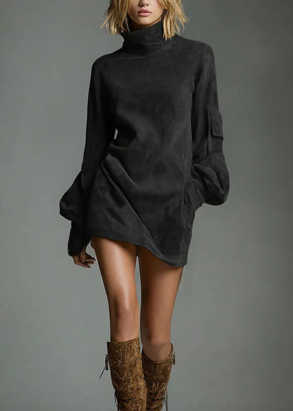 Brown High Neck Faux Suede Mid Dress Lantern Sleeve