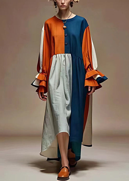 Colorblock Oversized Patchwork Linen Dress Flare Sleeve