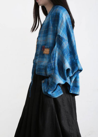 Blue Plaid Batwing Sleeve Linen Summer Shirt Tops
